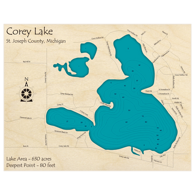 Bathymetric topo map of Corey Lake with roads, towns and depths noted in blue water