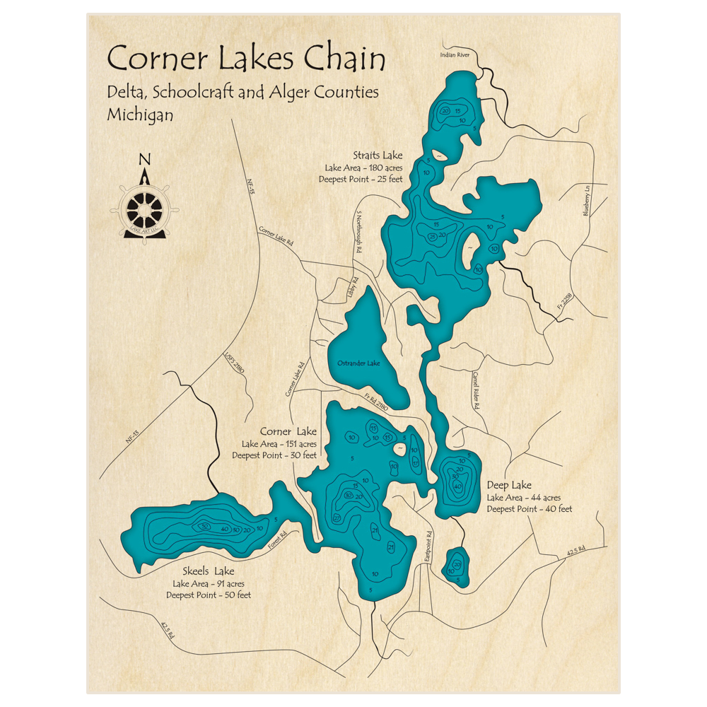 Bathymetric topo map of Corner Lakes Chain with roads, towns and depths noted in blue water