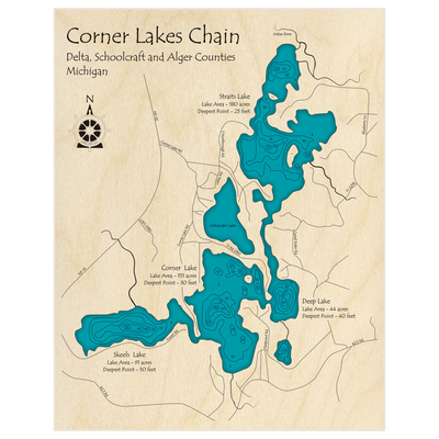 Bathymetric topo map of Corner Lakes Chain with roads, towns and depths noted in blue water