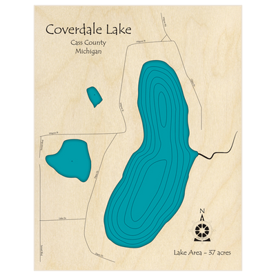 Bathymetric topo map of Coverdale Lake  with roads, towns and depths noted in blue water