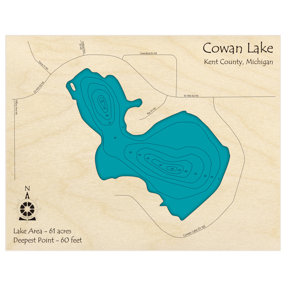 Bathymetric topo map of Cowan Lake with roads, towns and depths noted in blue water