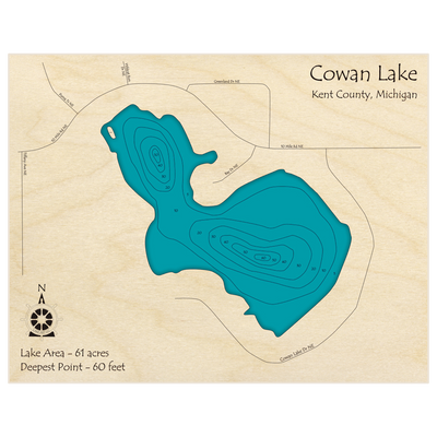 Bathymetric topo map of Cowan Lake with roads, towns and depths noted in blue water