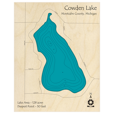 Bathymetric topo map of Cowden Lake with roads, towns and depths noted in blue water