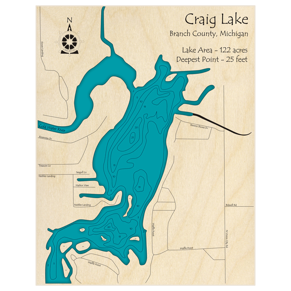 Bathymetric topo map of Craig Lake with roads, towns and depths noted in blue water