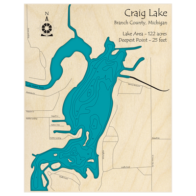 Bathymetric topo map of Craig Lake with roads, towns and depths noted in blue water