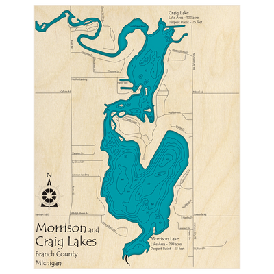 Bathymetric topo map of Craig Lake (With Morrison Lake) with roads, towns and depths noted in blue water