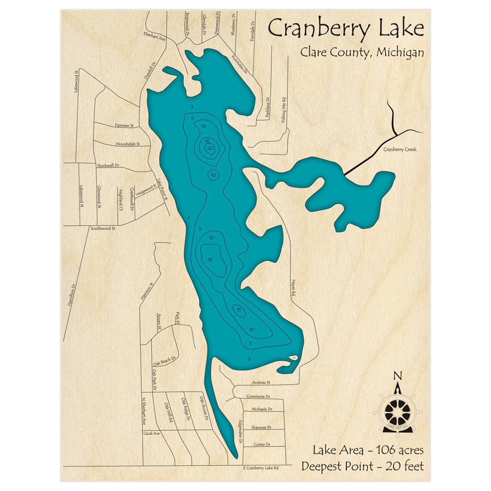 Bathymetric topo map of Cranberry Lake with roads, towns and depths noted in blue water