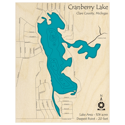 Bathymetric topo map of Cranberry Lake with roads, towns and depths noted in blue water