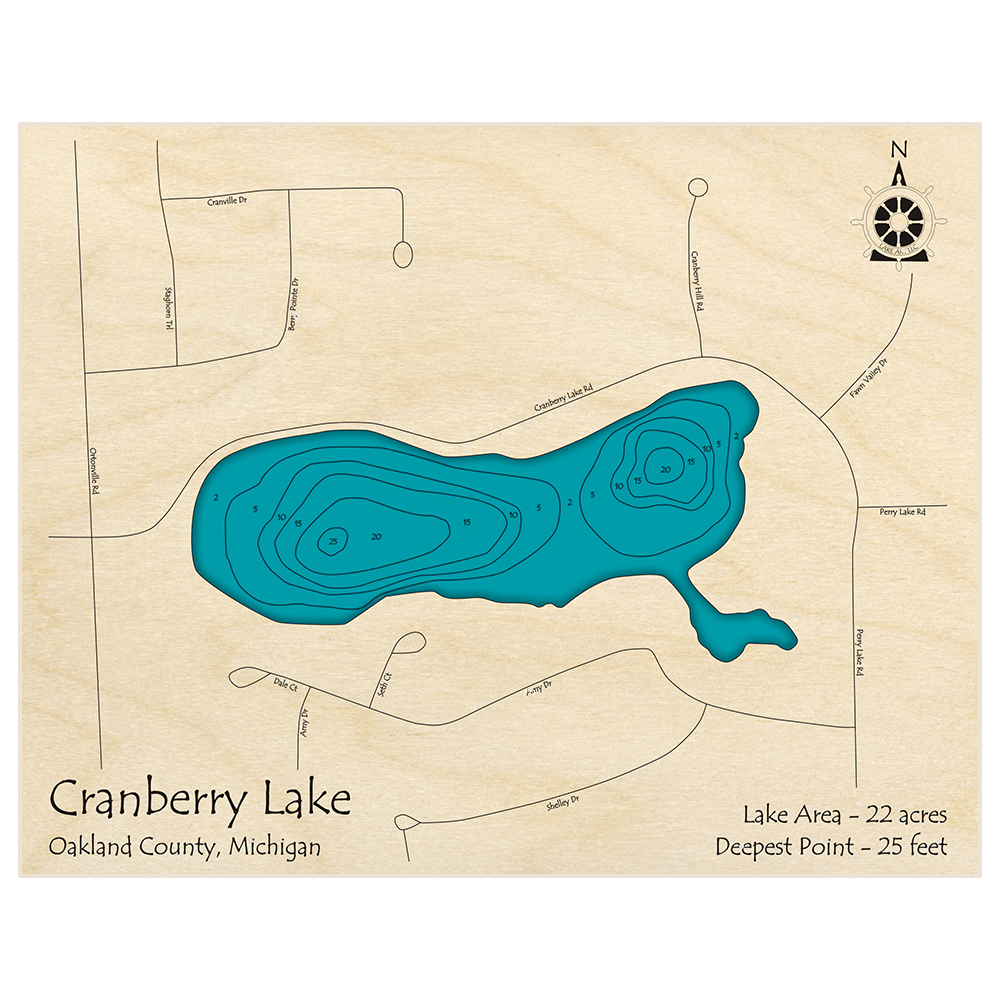 Bathymetric topo map of Cranberry Lake (near Clarkston) with roads, towns and depths noted in blue water