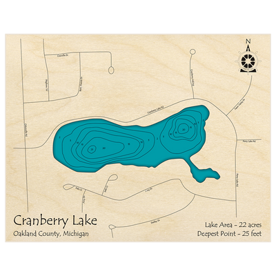 Bathymetric topo map of Cranberry Lake (near Clarkston) with roads, towns and depths noted in blue water