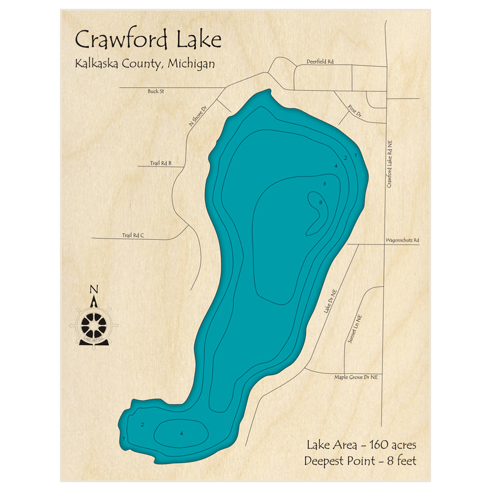 Bathymetric topo map of Crawford Lake with roads, towns and depths noted in blue water