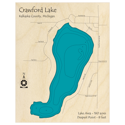 Bathymetric topo map of Crawford Lake with roads, towns and depths noted in blue water