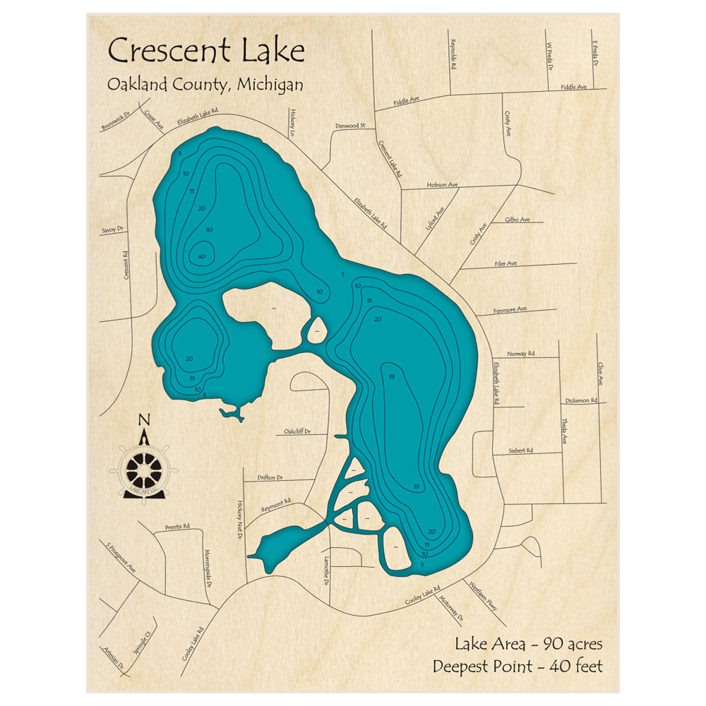 Bathymetric topo map of Crescent Lake with roads, towns and depths noted in blue water