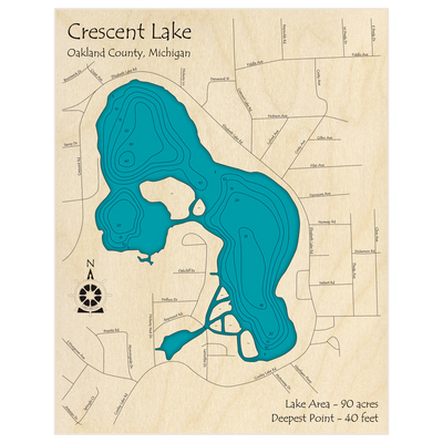 Bathymetric topo map of Crescent Lake with roads, towns and depths noted in blue water