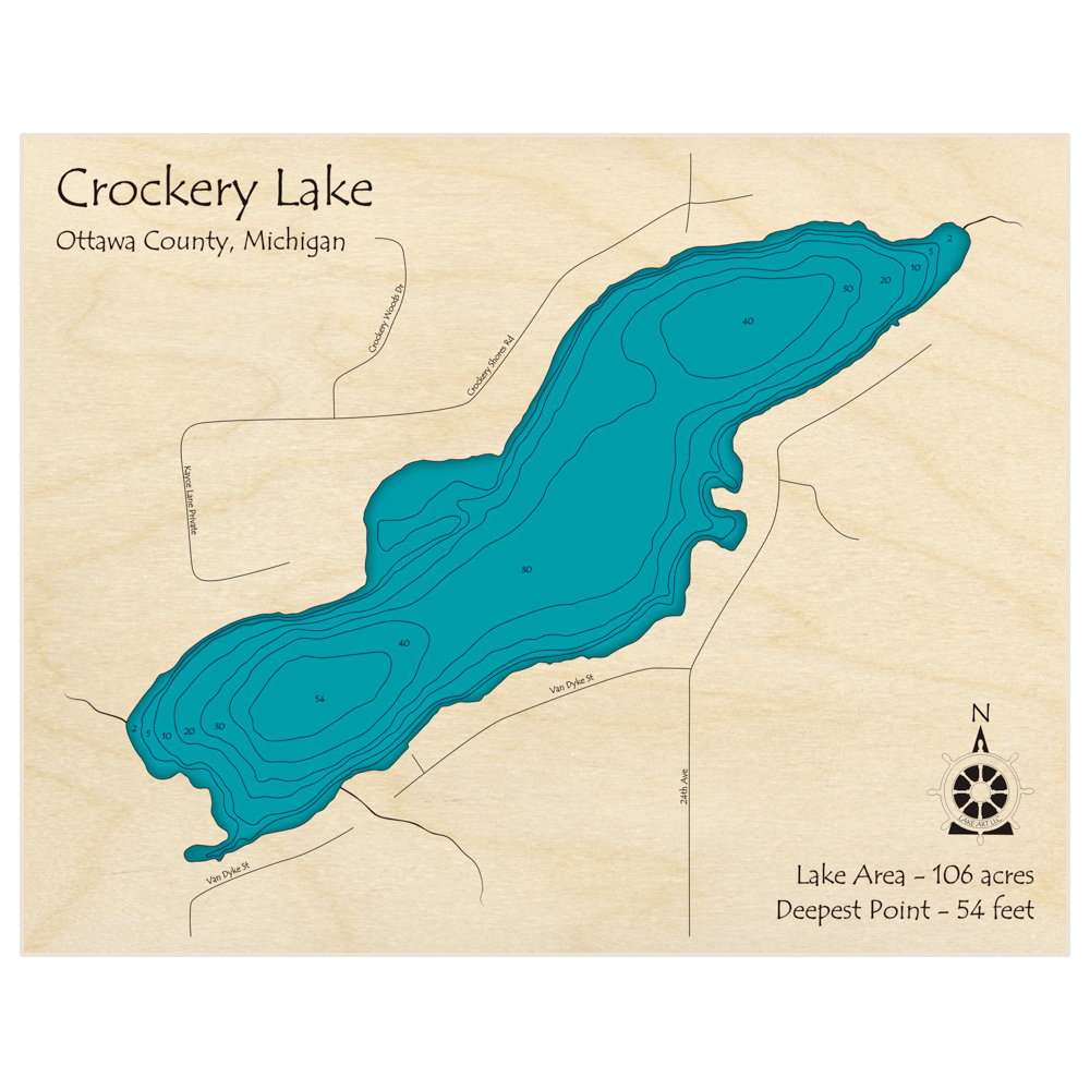Bathymetric topo map of Crockery Lake with roads, towns and depths noted in blue water