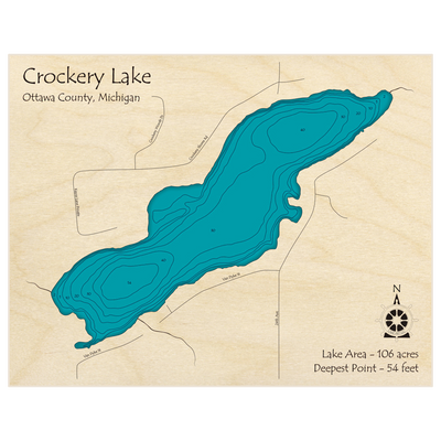 Bathymetric topo map of Crockery Lake with roads, towns and depths noted in blue water