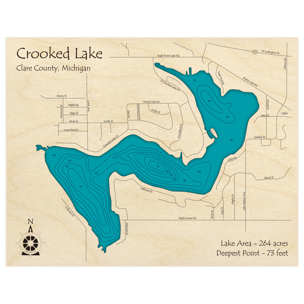 Bathymetric topo map of Crooked Lake with roads, towns and depths noted in blue water