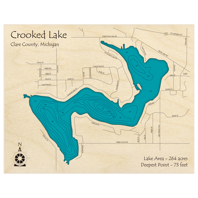 Bathymetric topo map of Crooked Lake with roads, towns and depths noted in blue water