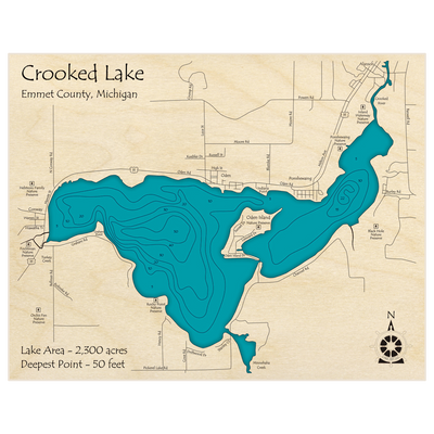 Bathymetric topo map of Crooked Lake with roads, towns and depths noted in blue water
