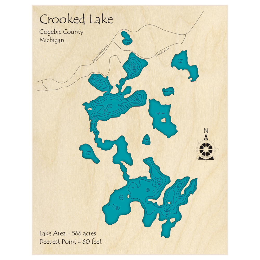 Bathymetric topo map of Crooked Lake with roads, towns and depths noted in blue water