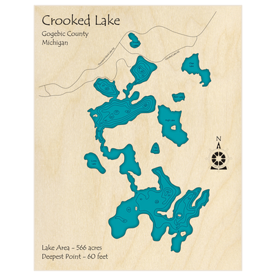Bathymetric topo map of Crooked Lake with roads, towns and depths noted in blue water