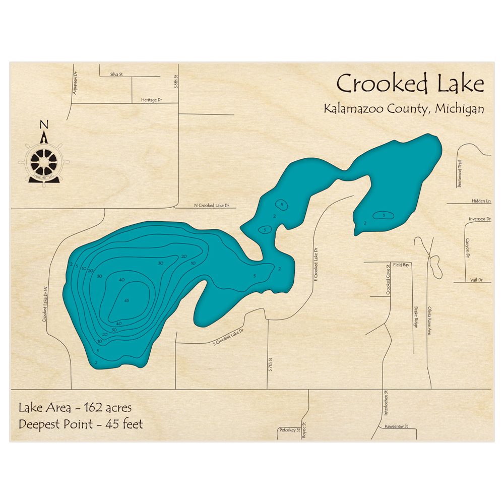 Bathymetric topo map of Crooked Lake with roads, towns and depths noted in blue water