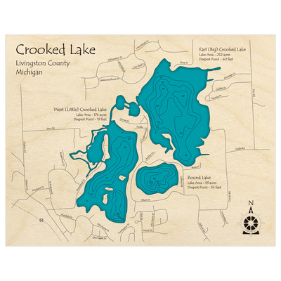 Bathymetric topo map of Crooked Lake with roads, towns and depths noted in blue water