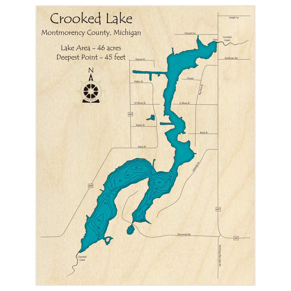 Bathymetric topo map of Crooked Lake with roads, towns and depths noted in blue water