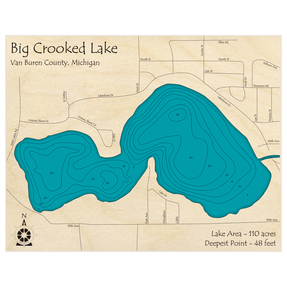 Bathymetric topo map of Big Crooked Lake with roads, towns and depths noted in blue water
