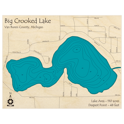 Bathymetric topo map of Big Crooked Lake with roads, towns and depths noted in blue water