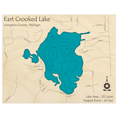 Bathymetric topo map of Crooked Lake (East) with roads, towns and depths noted in blue water