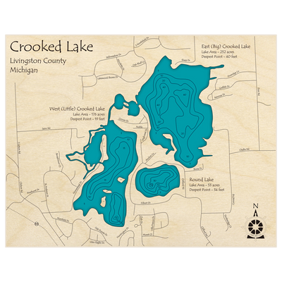 Bathymetric topo map of Crooked Lake (East and West) with roads, towns and depths noted in blue water
