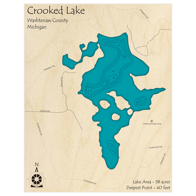 Bathymetric topo map of Crooked Lake (near Hell) with roads, towns and depths noted in blue water