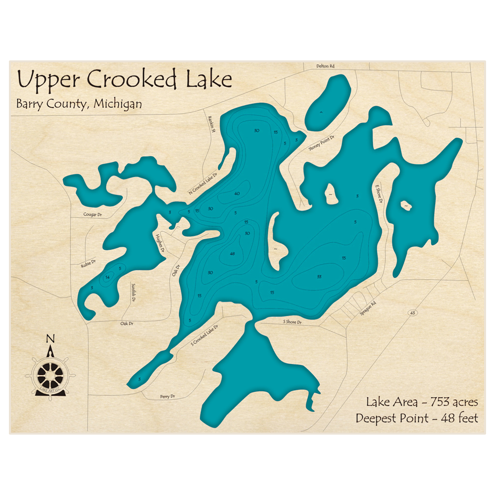Bathymetric topo map of Crooked Lake (Upper lake only) with roads, towns and depths noted in blue water