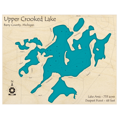 Bathymetric topo map of Crooked Lake (Upper lake only) with roads, towns and depths noted in blue water