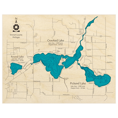 Bathymetric topo map of Crooked Lake (With Round and Pickerel Lakes) with roads, towns and depths noted in blue water