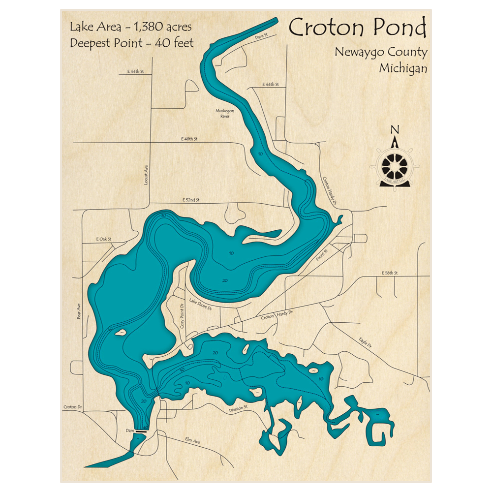 Bathymetric topo map of Croton Dam Pond with roads, towns and depths noted in blue water