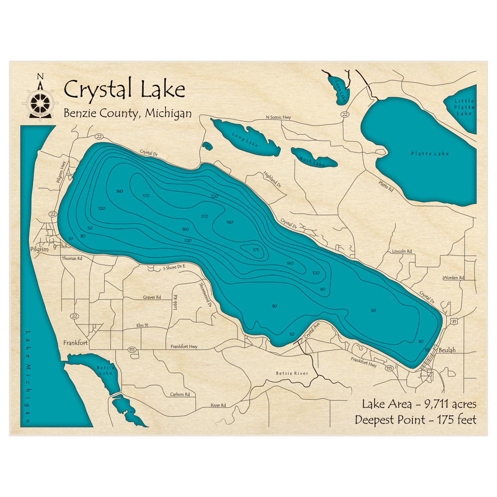 Bathymetric topo map of Crystal Lake with roads, towns and depths noted in blue water