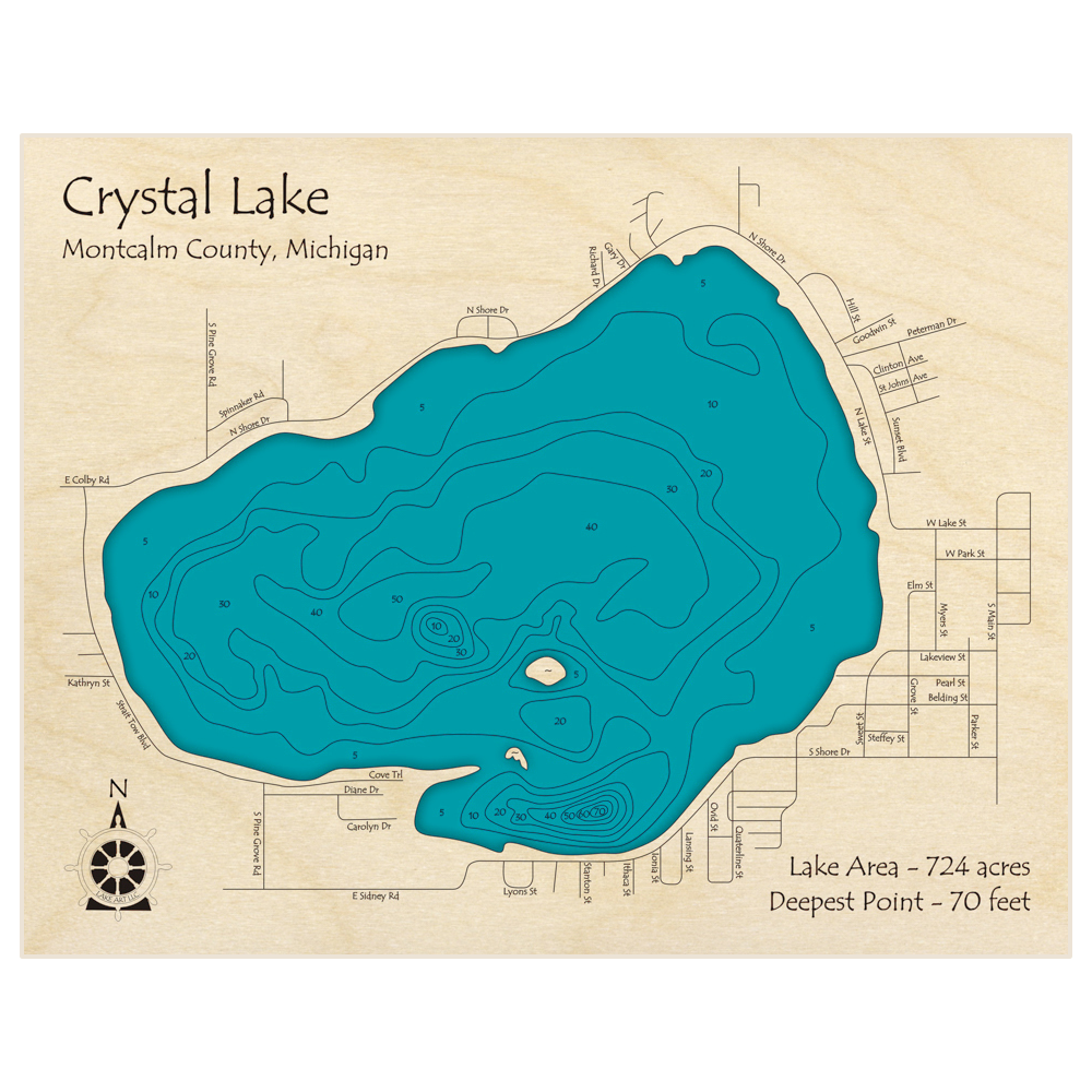 Bathymetric topo map of Crystal Lake with roads, towns and depths noted in blue water