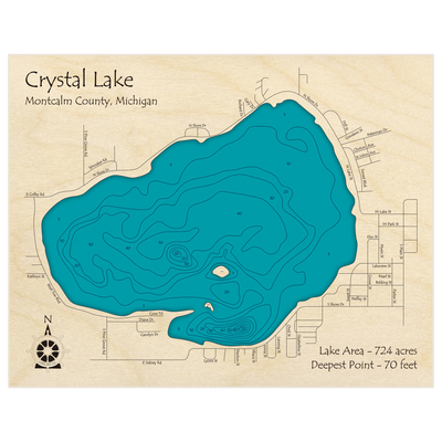 Bathymetric topo map of Crystal Lake with roads, towns and depths noted in blue water