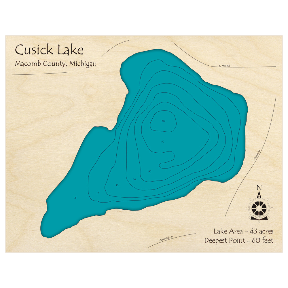 Bathymetric topo map of Cusick Lake with roads, towns and depths noted in blue water