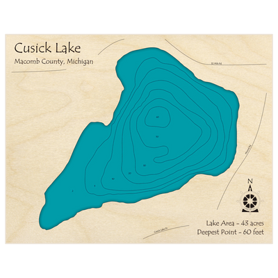 Bathymetric topo map of Cusick Lake with roads, towns and depths noted in blue water