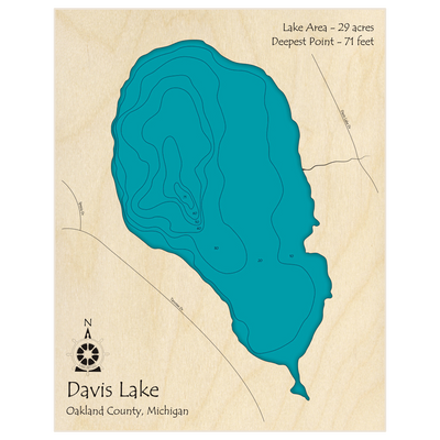 Bathymetric topo map of Davis Lake with roads, towns and depths noted in blue water