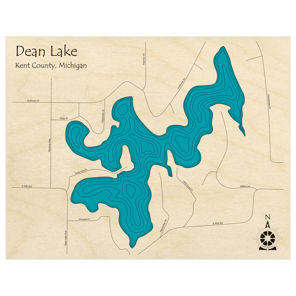 Bathymetric topo map of Dean Lake  with roads, towns and depths noted in blue water