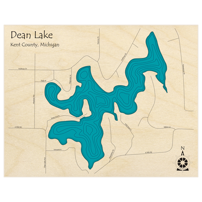 Bathymetric topo map of Dean Lake  with roads, towns and depths noted in blue water