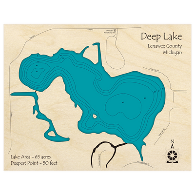 Bathymetric topo map of Deep Lake with roads, towns and depths noted in blue water