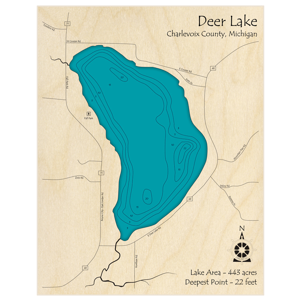 Bathymetric topo map of Deer Lake with roads, towns and depths noted in blue water