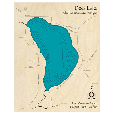 Bathymetric topo map of Deer Lake with roads, towns and depths noted in blue water