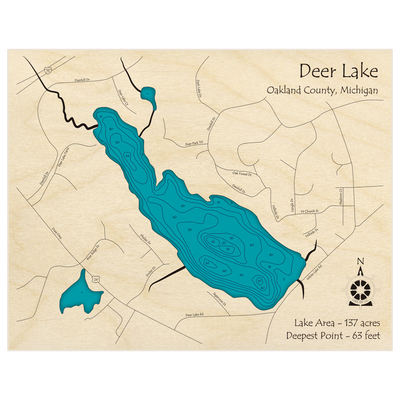 Bathymetric topo map of Deer Lake with roads, towns and depths noted in blue water
