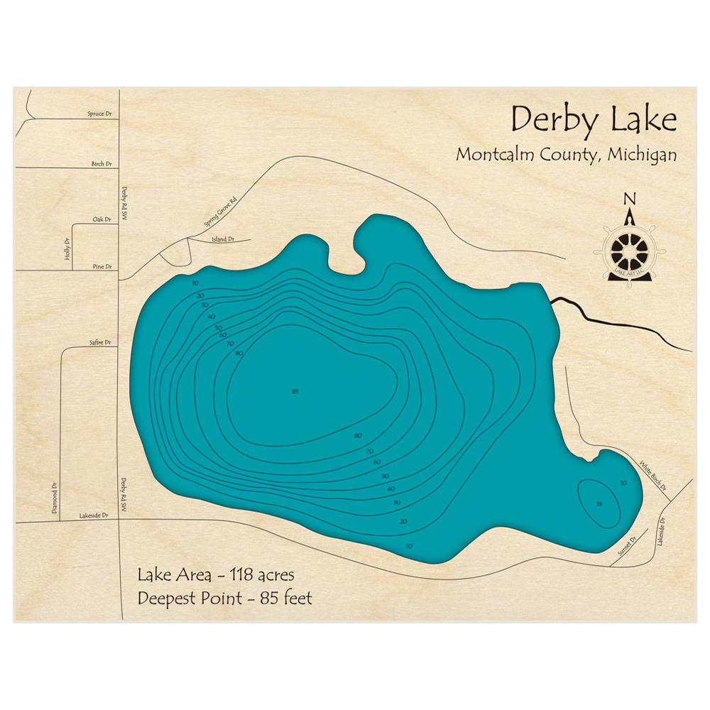 Bathymetric topo map of Derby Lake with roads, towns and depths noted in blue water